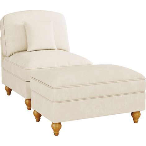 Sillón relax de chenilla blanco con faldón fruncido extraíble y reposapiés movible (1/5)