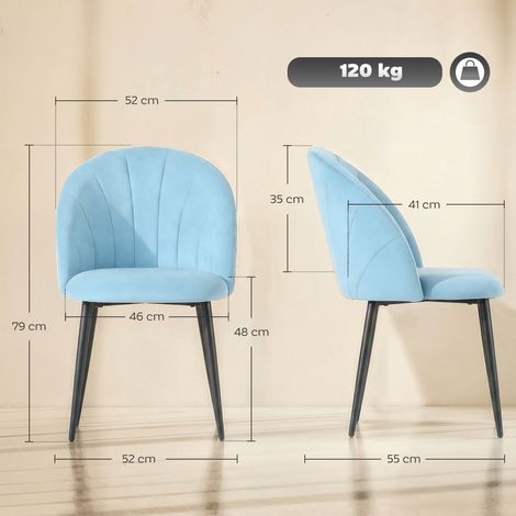 Ensemble de 2 chaises de salle à manger avec revêtement en velours et dossier coquillage, 52 x 55 x 79 cm, bleues (1/5)