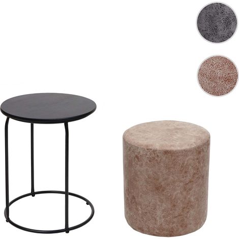 Lot de 2 poufs et table d'appoint HWC-K48 - table basse table tabouret - certifié MVG MDF métal similicuir - noir (1/5)