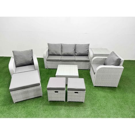 Fimous PE Rattan Garden Furniture Set Reclining Chair Sofa Lounge Sofa Set Square Coffee Table Side Table 3 Stools Light Grey (1/4)