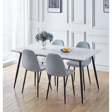 Hallowood Furniture Cullompton Large Dining Table and Chairs Set 4, (1.6m) White Marble Effect Top Kitchen Table and Chairs in Grey Fabric Upholstery and Metal Legs, Dining Room Sets for Home & Café (1/5)