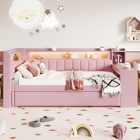 Lit de jour capitonné 90x200 avec ports USB et ceinture LED, lit et bureau gigognes, rose (1/5)