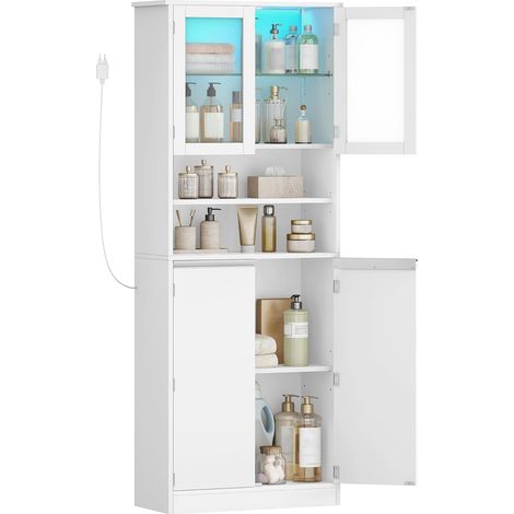 Meuble Salle de Bain, Meuble de Rangement Haute avec Éclairage LED, Armoire sur Pied avec 4 Portes et Étagère Réglable, Moderne,pour Salon, Salle de Bain, Blanc