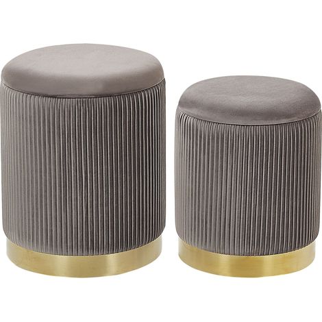 Beliani – Set of 2 storage pouffes – Grey velvet upholstery – Gold base – Vertical tufting – Functional storage for living room (1/5)