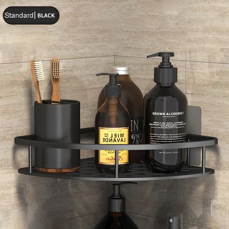 (noir01) Étagère de salle de bain, étagère de douche en aluminium, étagère de douche en verre, finition noire, panier de rangement à ventouses, accessoire de salle de bain (1/5)