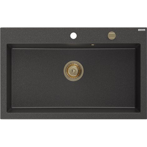 Mexen Elix lavello da cucina in granito 1-vasca 800 x 500 mm, nero maculato, sifone dorato - 6527801005-76-G (1/5)