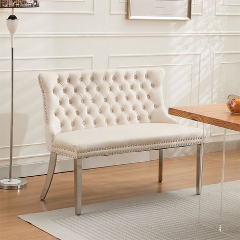 Banc de Salle à Manger 2 Places - Banquette Loveseat en Velours Capitonné à Boutons, Pieds Inox Argent Brossé - Beige Chic (1/5)