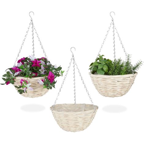 Relaxdays Vasi Sospesi per Piante, Set 3 Portavasi in Rattan con Rivestimento, Fatti a Mano, HxD: 12 x 25 cm, Naturale (1/5)