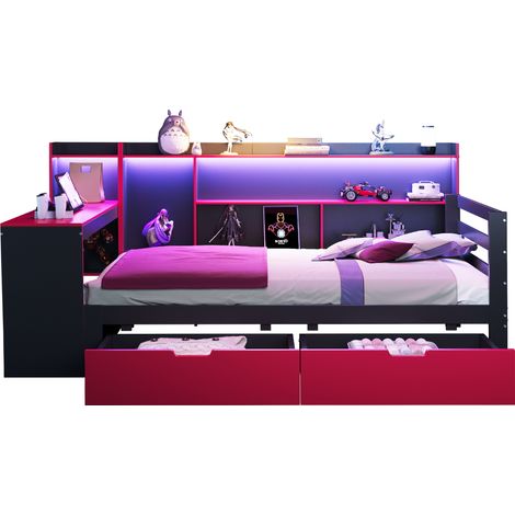 Lit-banquette en bois 90 x 200 cm, avec bureau, étagère à livres, compartiments de rangement et étagères, éclairage intégré et prises, tiroirs, lit multifonction en bois, noir + rouge (1/5)