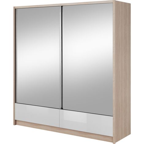 ARIA II Kleiderschrank 204 cm 2 schiebetüren spiegel sonoma eiche / weiß glänzend