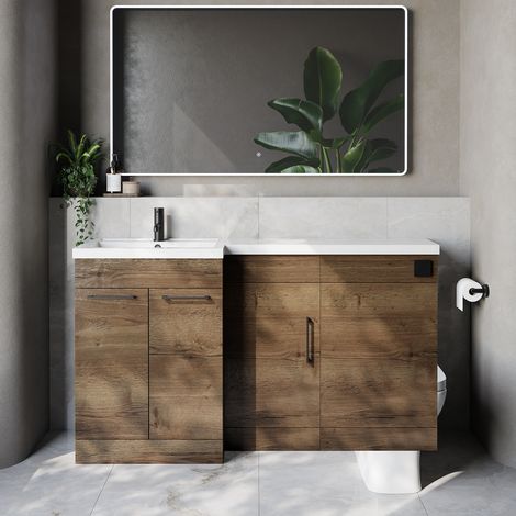 Napoli 390 Tobacco Oak 1500mm 3 Door Vanity Unit Toilet Suite with Left Hand Square Lucia Basin - 1500mm - Matt Black 160mm HandleWithout Kingston Toilet Pan