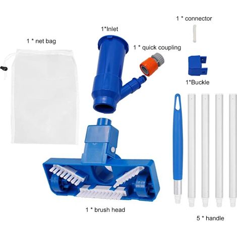 Accessoires de piscine (Kit UE) Kit de nettoyage de bassin avec aspirateur, brosse professionnelle portable, manche, tête d'aspiration désinfectante et filet de filtration. (1/5)