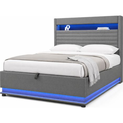 Lit coffre 140x200 cm avec LED, USB Type-C, rangements hydrauliques, tête de lit rembourrée et design gris en tissu pour chambre moderne  CHICFURN (1/5)