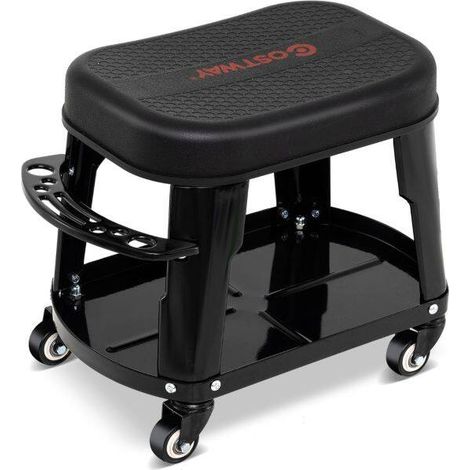 Tabouret d'atelier roulant avec rangement, siège de mécanicien amovible avec plateau à outils, support d'outils, charge 136 kg - noir (1/5)