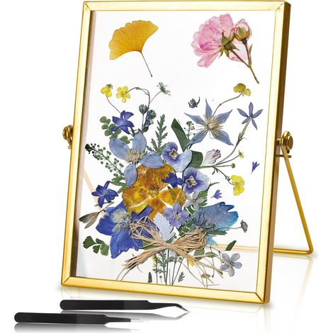 Cadre photo en verre - 15 x 20 cm - Doré - Double verre - Pour fleurs (1/5)