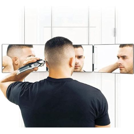 Miroir à 180°, miroir auto-découpant, 3 faces, vue de l'arrière de la tête, 30 x 20 cm x 3, pour la coupe, le coiffage et le rasage des cheveux, support portable, mains libres et réglable en hauteur, (1/5)