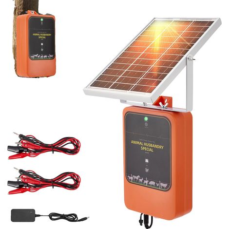 Cargador de cerca eléctrica, alimentado por energía solar, alcance de 10 km, color naranja. (1/2)