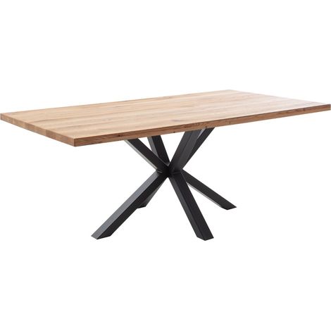 Table à manger avec bord droit coloris Chêne massif naturel et pieds en métal forme croisée - Longueur 160 x Profondeur 90 x Hauteur 76 cm (1/5)