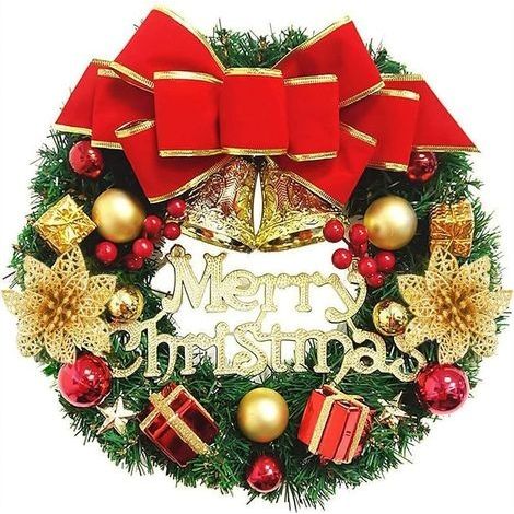 Couronne de Noel Porte 35 cm Couronne Fleurs Artificielle Suspendues Décoration Noel avec Bowknot Jingle Guirlande Sapin de Noël Porte Décoration de Guirlande pour Cadre de cheminée Murale (1/5)