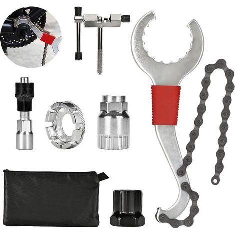 Le kit d'outils pour vélo en 10 pièces comprend un extracteur de roue libre, une clé à roue libre 3 en 1, un outil pour boîtier de pédalier et un dérive-chaîne. (1/5)