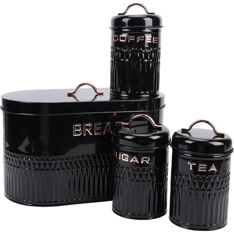 Ensemble de boîtes à pain et boîtes à pain en fer de qualité alimentaire, récipient de stockage de sucre, de café, de thé et de sucre, en métal pour comptoir de cuisine noir, 4 pièces (1/5)