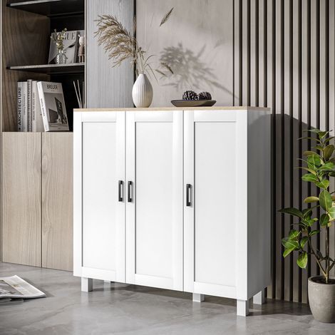 Credenza/mobile buffet per soggiorno con 3 ante e ripiani regolabili, stile nordico, per cucina e sala da pranzo, 90x30x90 cm, colore bianco.