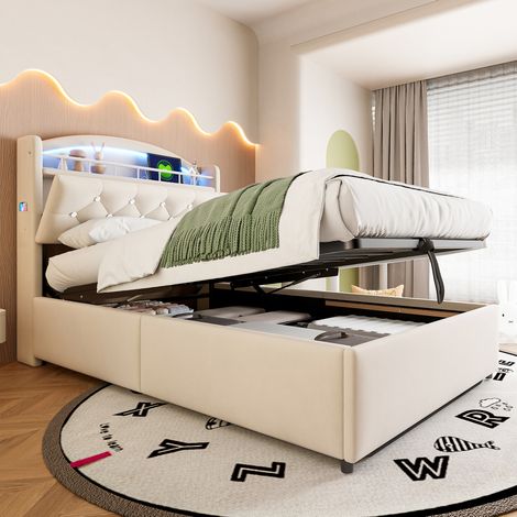 Cama infantil tapizada 90/200 cm beige de terciopelo con almacenaje, LED y USB (1/5)