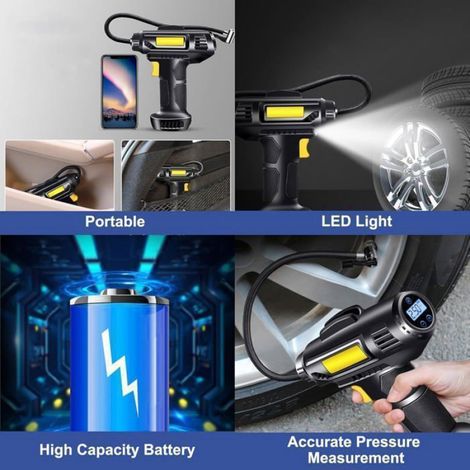 Gonfleur Pneus Voiture 12V 150 PSI - Compresseur à Air Portable Sans Fil Rechargeable 7000mAh avec LED et Adaptateurs (1/5)
