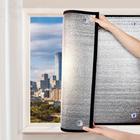 Hitzeschutz-Fensterfolie mit Saugnapf, 100 % Sichtschutzfolie, Sonnenschutzpaneel aus Aluminiumfolie für Büro, Veranda, Balkon, wasserdicht und feuerfest (60 cm x 60 cm, 9 mm)