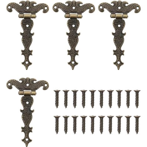Lntyq Lot de 4 charnières en T pliantes antiques en bronze - Charnières décoratives rétro sculptées pour portes, armoires, Charnières Vintage en Bronze Charnières Rétro avec Vis Charnières Décorative (1/5)