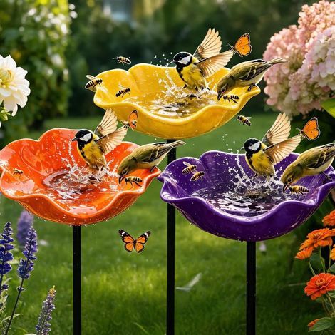 Piquet de jardin en métal avec fleurs éternelles et bain d'oiseaux pour pollinisateurs (30 cm)