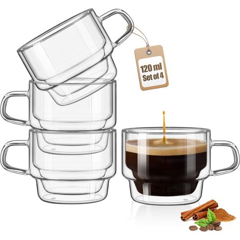 Lot de 4 Tasse à expresso,Double paroi,Verre borosilicate,Capacité 120 ml,Micro-ondes,Cuisine (1/5)