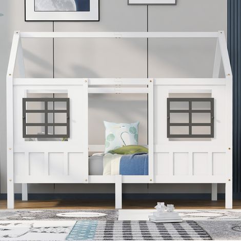 DESVIAE Lit cabane enfant lit simple et lit de jour avec 2 fenêtres de sécurité en pin massif et MDF blanc 200x90 cm (1/5)