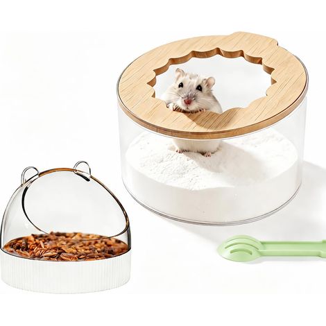 Kit Bain de Sable pour Hamster avec Gamelle, Bac à Sable en Acrylique Transparent, Couvercle en Bois et Pelle, Bol Anti-Déversement pour Hamster Syrien, Nain, Gerbilles et Souris (1/5)