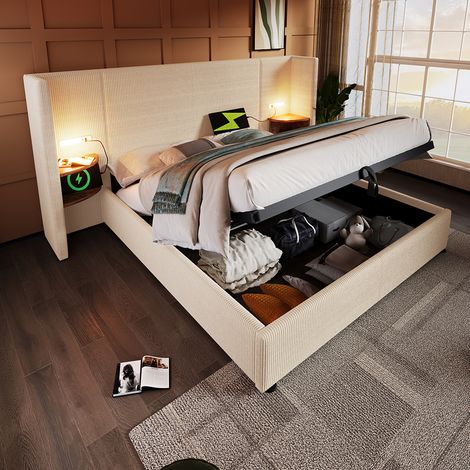 Lit double capitonné 160 x 200 avec table de chevet, liseuse et chargeur USB Type-C, beige, tissu velours côtelé. (1/5)