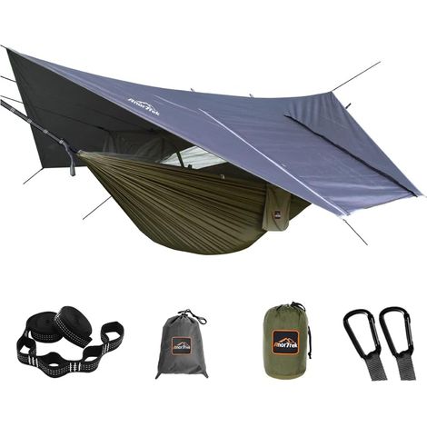 Camping-Hängematte mit Moskitonetz und Regenschutz, tragbare Doppelhängematte mit zwei Baumgurten, 210T Nylon-Hängematte und wasserdichte Plane im Set zum Wandern und Campen