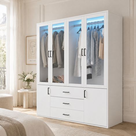 Armoire Penderie 4 Portes Vitrées Blanc 160 cm, Éclairage LED Intégré, Double Zone de Suspension+3 Tiroirs, Style Scandinave Moderne (1/5)