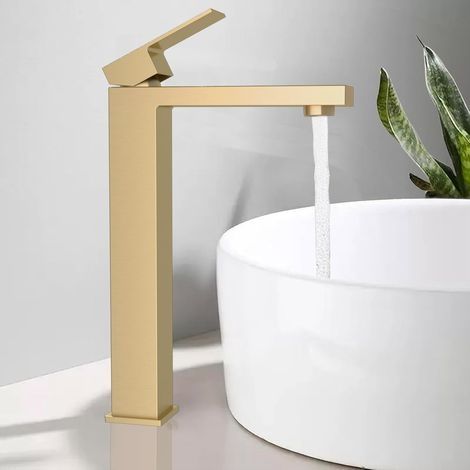 Robinet Salle Bain Doré, Robinet Lavabo Haut, Mitigeur Vasque à Poser, Mitigeur Lavabo Or pour Chaud et Froid Réglable, Robinetterie en Acier Inoxydable(Or Brossé) (1/5)