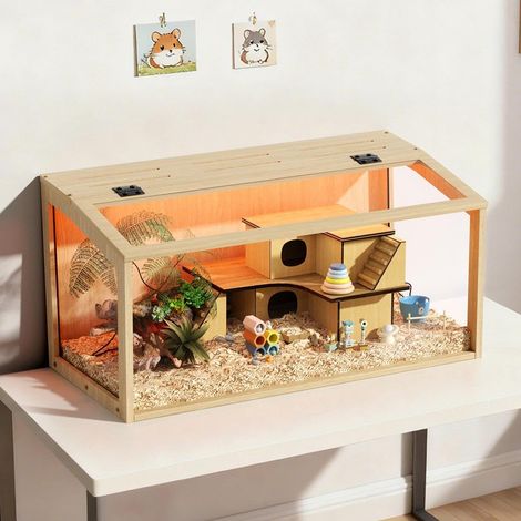 Gabbia per roditori gabbia per criceti piccoli animali, in legno + vetro temperato con Luce 80cm