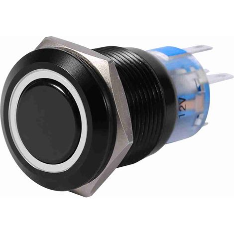 19mm 12-24V ON/OFF noir étanche autobloquant loquet bouton poussoir interrupteur plat LED blanche (1/5)