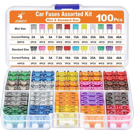 Juego de 100 fusibles para coche: 56 fusibles mini + 44 fusibles medianos + 1 extractor de fusibles. Fusibles para coche, autocaravana, camión y motocicleta. (1/3)