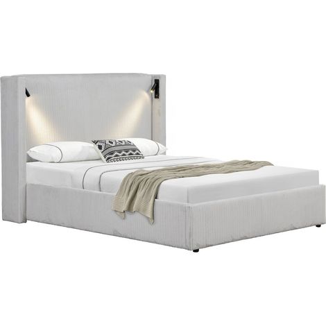 Cama doble de pana con cómoda integrada y lámpara "Cortina" - 160 x 200 cm - Beige