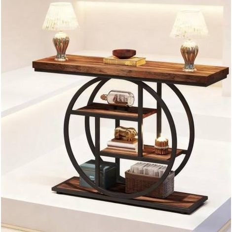 Mesa consola 105x30x80 cm negro y marrón rústico en metal y madera con 4 niveles (1/5)