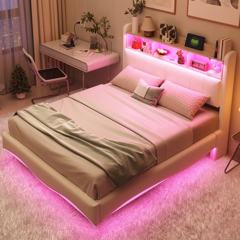 Bett Polsterbett Stauraum 140x200 mit LED Beige OKMYHOME