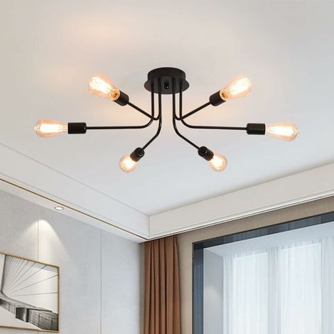 Modern Sputnik Ceiling Light, Rustic Black 6 Light Semi Flush Mount Chandeliers, E27 Base Industrial Ceiling Lamp for Farmhouse Living Dining Room (1/5)
