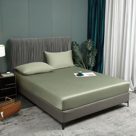 Drap Housse 160x200 Vert Lyocell Bambou Bonnet 30 cm Unie Motif Drap de lit Tencel Soie Lisse Soyeux Brillant Adulte Uni Drap-Housse 160 x 200cm Respirant pour Matelas Épais (1/5)