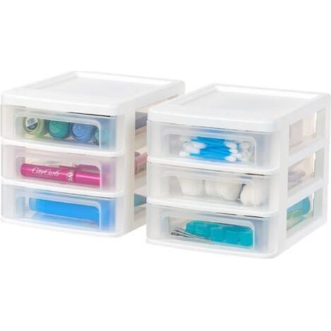 Tour de Rangement Plastique, 3 Petits Tiroirs, Lot de 2, Blanc, Ouverture Facile, Format B6, Meuble, Organisateur, pour Bureau, Fournitures Scolaires, Papeterie, Sans BPA (1/5)