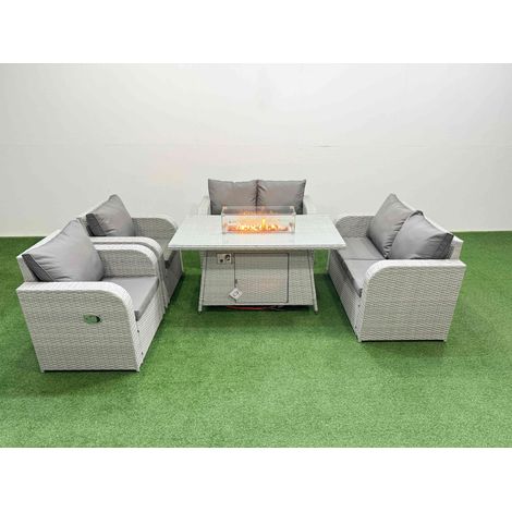 Fimous 6 Seater Outdoor Reclining Chair Love Sofa Set Rattan Garden Furniture Set with Firepit Dining Table Light Grey (1/4)