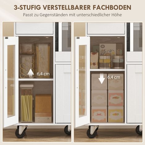 Küchenschrank auf Rädern, Mobile Küchenkommode mit Ablagen, Schubladen, verstellbarem Regal, Kabelloch, Weiß (1/4)