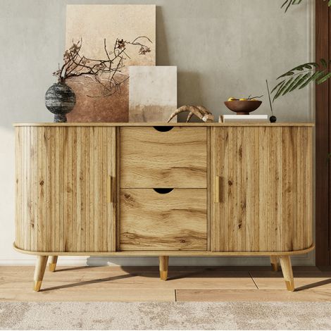 Credenza 140x40x79,5 cm con 2 cassetti, ante con texture e ripiani aperti, per soggiorno, MDF naturale (1/5)